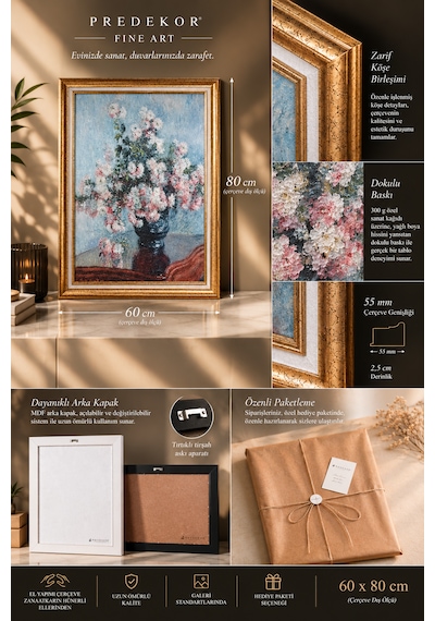 Gold Vintage Dekoratif Duvar Tablosu 60x80 Cm Monet Kasımpatı Çiçekleri Çerçeveli Tablo Klasik Natürmort Fine Art Salon Dekorasyonu