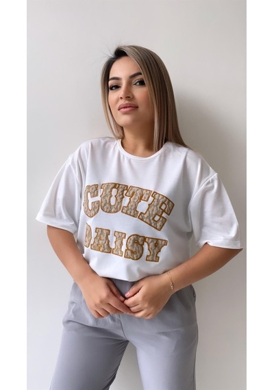 Kabartmalı Cute Daisy Tişört Ekru Kahverengi