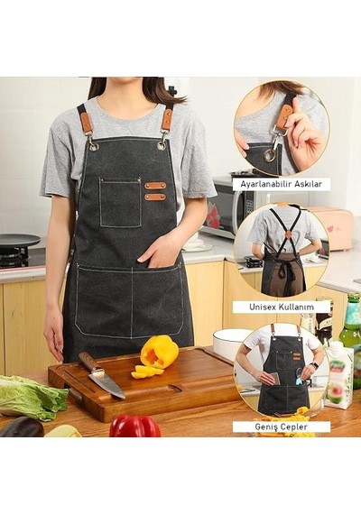 Valkyrie Unisex Kanvas Mutfak Önlüğü Ayarlanabilir Askılı Cepli Barista Garson Servis Önlüğü Siyah