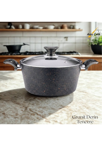 28 Cm Granit Derin Tencere Cam Kapak - Siyah Siyah