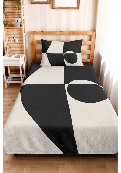 Siyah Geometrik Modern Tek Kişilik Pike Takımı - Beyaz Minimal 160x220 Cm Mevsimlik Yatak Örtüsü Ahenkli Güneş Tonu