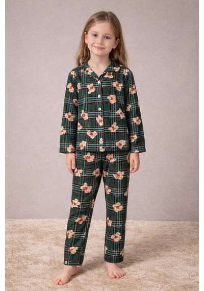 Beka Kids Yeşil Ekose Ve Ayıcık Desenli Uzun Kollu Önden Düğmeli Gömlek Yaka Kız Çocuk Mevsimik Pijama Takımı Beka Kids Yeşil Ekose Ve Ayıcık Desenli Uzun Kollu Önden Düğmeli Gömlek Yaka Kız Çocuk Mevsimik Pijama Takımı