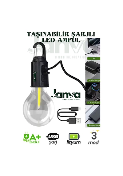Taşınabilir Şarjlı Led Ampül Outdoor Kamp Bahçe Lambası 11w Askılı Kırılmaz Led Işık Siyah