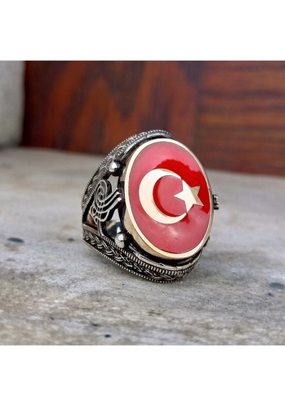 Fkgümüş Kırmızı Mineli Ay Yıldız İşlemeli Erkek Yüzük