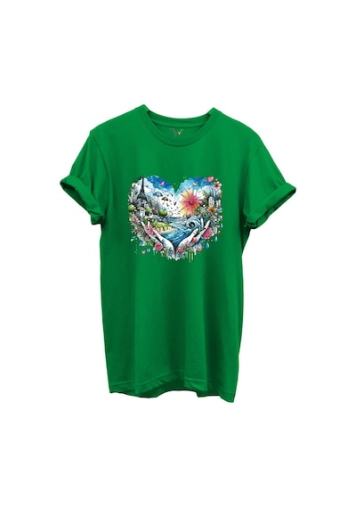 Kalp Şehir Manzaralı Renkli Baskılı %100 Pamuk Regular Fit Unisex T-shirt Yeşil