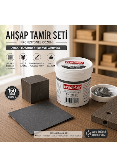 Antrasit Ahşap Tamir Macunu Seti 200 Gr + 150 Kum Zımpara - Mobilya, Parke Ve Ahşap Kapı Çatlak, Delik, Çizik Onarım Dolgu Macunu