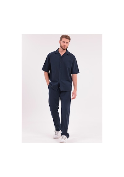 Erkek Siyah Keten Takım Oversize Gömlek & Pantolon 2'li Set Bağcıklı Rahat Yazlık Kombin Lacivert