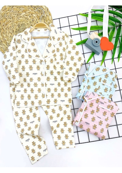 3-4-5-6 Yaş Fendi Baskılı Düğme Kapama 2li Kız Erkek Çocuk Pijama Takımı 001