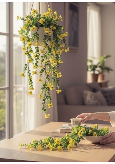 Yapay Çiçek Sarı Sarkan Mineli Okaliptus Şimşir Yapay Sarmaşık 5dal 60cm Sarı