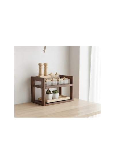 Ahşap 2 Katlı Baharatlık Standı - Tezgah Üstü Düzenleyici Raf - Modern Mutfak Rafı 25x20 Cm Diğer