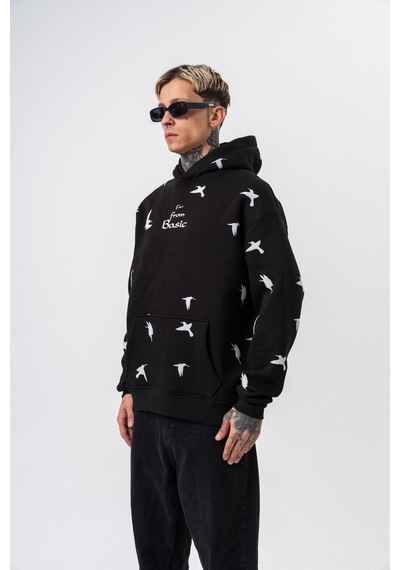 Respire Erkek Far From Basic Baskılı Kapüşonlu Oversize Hoodie Siyah
