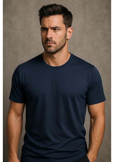 Rich Erkek %100 Pamuk Slim Fit Tişört Basic Bisiklet Yaka Kısa Kollu T-shirt Lacivert