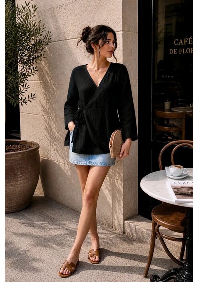 Bbbutikbasic Bağlamalı Müslin Kimono Ceket My3535 Siyah