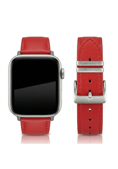 Goldoni Apple Watch Uyumlu Kırmızı İnce Gerçek Deri Kordonu Metal Köprülü