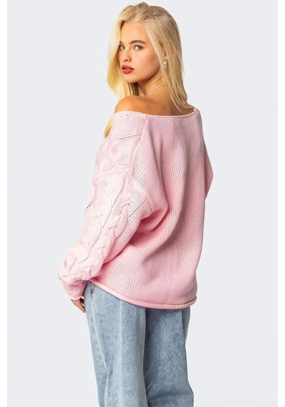 Madmext Pembe V Yaka Örgü Desen Oversize Kadın Kazak Mg2519 Pembe