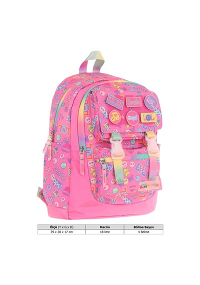 Kaukko Kids Kız Çocuk Armalı Yazı Desenli İlkokul Okul Sırt Çantası Dört Bölmeli - Pembe - L5237 Pembe