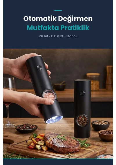 Otomatik Pilli Tuz Karabiber Değirmeni Seti 2 Li Led Işıklı, Standlı, Elektrikli Bahar Çok Renkli