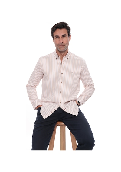Slim Fit Uzun Kol Likralı Çizgili Yaka Düğmeli Hediye Kutulu Erkek Gömlek Fs-003669 - Bej-2436