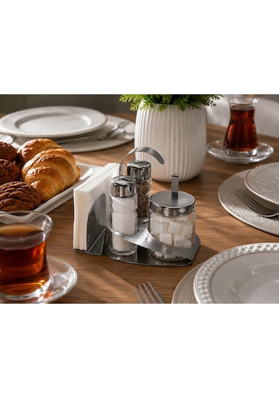 Standlı Cam Ve Metal Tuzluk Biberlik Sosluk Ve Peçetelik Seti Diğer