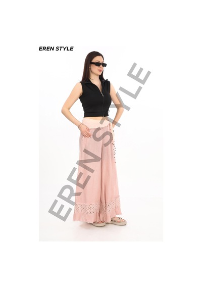 Eren Style İtalyan Fisto Paça Detaylı Keten Pantolon-9893 Pudra