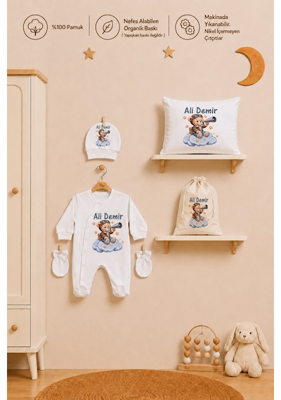 Pia Baby Erkek Bebek Hastane Çıkışı 6 Parça %100 Pamuk İsme Özel Kese Hediyeli Tulum Şapka Eldiven Seti 1007tybk3x Krem