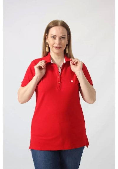 Moda Berray 21305 Kısa Kollu Büyük Beden Lakost Kumas T-shirt Kırmızı Kırmızı
