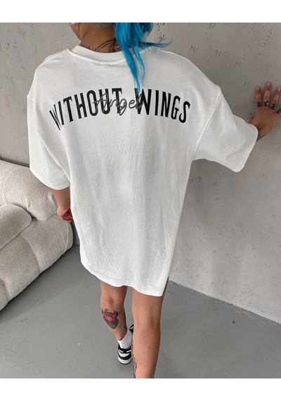 Assema Kadın Bisiklet Yaka Baskılı Oversize T-shirt - Beyaz Çok Renkli