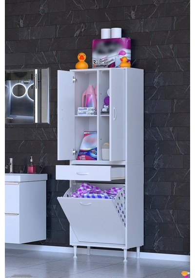 Yeni Afra 65 Cm 1 Gözlü Kirli Çamaşır Sepet, 2 Kapak Ve Çekmeceli 4 Raflı Çok Amaçlı Banyo Dolabı Beyaz Yeni Afra 65 Cm 1 Gözlü Kirli Çamaşır Sepet, 2 Kapak Ve Çekmeceli 4 Raflı Çok Amaçlı Banyo Dolabı Beyaz