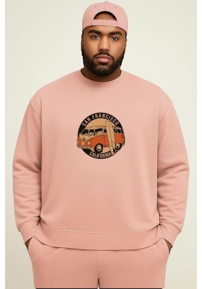 Benroma 3 İplik Penye Wos Wos Baskılı Büyük Beden Unisex Sweatshırt Pembe
