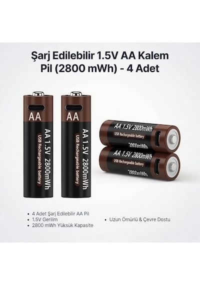 Şarjlı Kalem Aa Kalın Lityum Pil 1.5v Aa Şarjlı Pil Type C İle Şarj Edilebilen 2800mwh 4 Adet