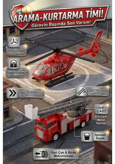Die-cast Metal İtfaiye Ve Kurtarma Helikopteri Seti - Geri Çek Bırak Hareketli Oyuncaklar
