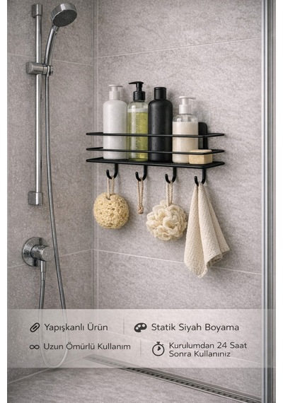 Alper Banyo Siyah Yapışkanlı 4 Kancalı Banyo Rafı Ve Havlu Askısı