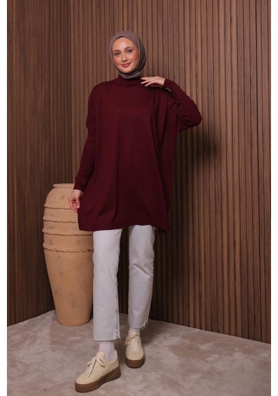Balenbi Kadın Dik Yaka Basic 80cm Salaş Oversize Triko Tunik 1145 Bordo