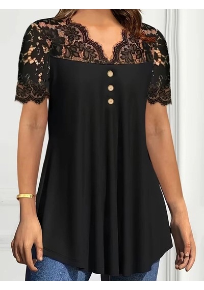 Defymoda Kadın Kısa Kollu V Dantel Yakalı Düğmeli Viskon Bluz Siyah