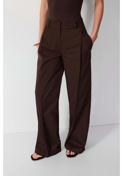 Vatkalı Pileli Wide Leg Pantolon-16651 Kahverengi