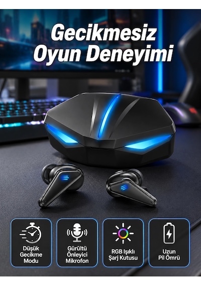 Bluetooth Kulaklık Oyuncu Kulaklığı Rgb Işıklı Oyunlarda Düşük Gecikme Model