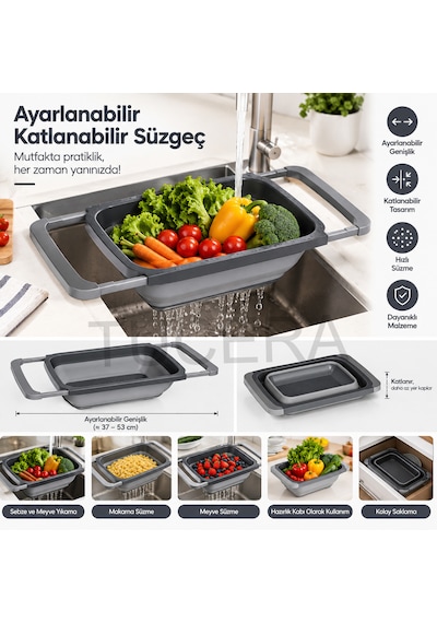 Ayarlanabilir Katlanabilir Lavabo İçi Süzgeç 6.3 Litre Geniş Hacimli Meyve, Sebze Ve Makarna Süzgeci Antrasit Gri