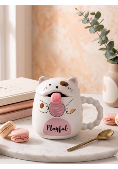 Sevimli Kedi Kapaklı Kaşıklı Seramik Kupa Beyaz