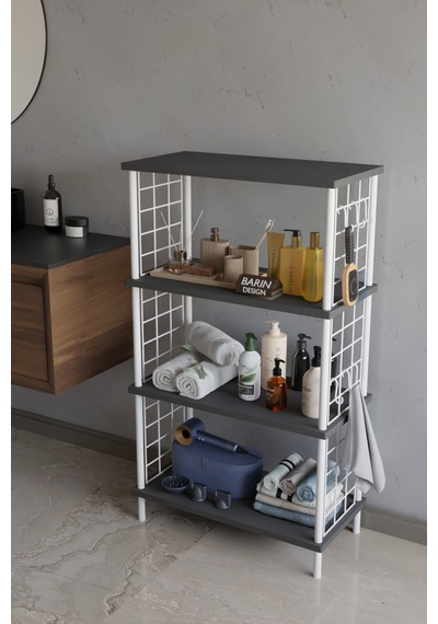 4 Katlı Çevir Kur Beyaz Metal Telli Banyo Rafı Çok Amaçlı Düzenleyici, Organizer Stand Banyo Dolabı Antrasit