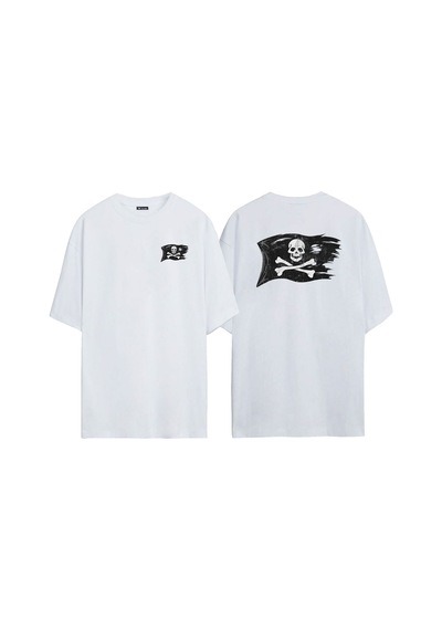 Thewert Unisex Korsan Bayrağı Ön Arka Baskılı Beyaz Oversize T-shirt
