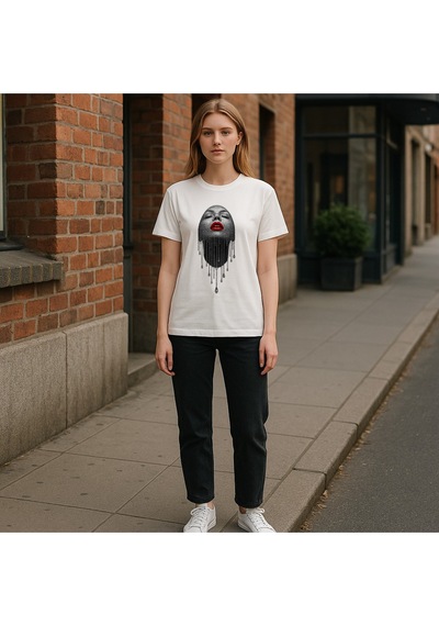 Uyguntarz Unisex Pırlantalı Kadın Portresi Tasarım Basklı Tshirt Beyaz