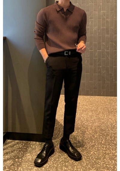Cool Tarz Erkek Polo Yaka Triko Kazak Slim Fit Fitilli Kahverengi