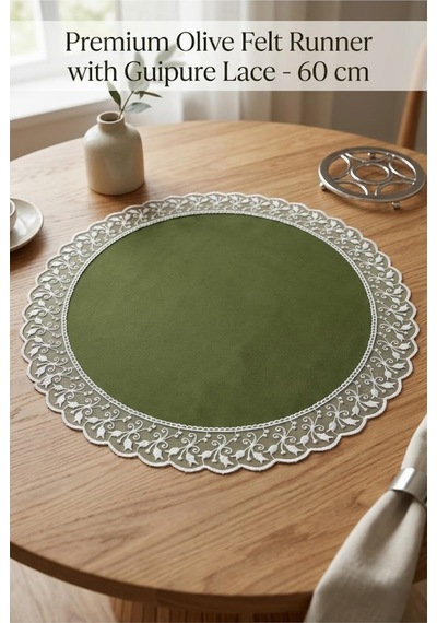 Haki Yeşil Yuvarlak Supla Runner Leke Tutmaz Su Geçirmez Çeyizlik Masa Örtüsü 60x60