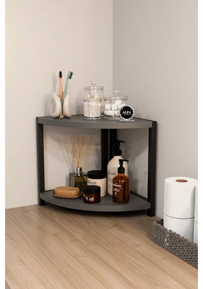 İki Raflı Banyo Köşe Oval Düzenleyici Organizer Raf Metal Gövdeli Çok Amaçlı Banyo Standı Antrasit