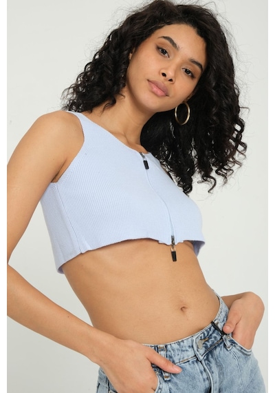 Hiccup V Yaka Fitilli Örme Fermuarlı Crop Top Mavi