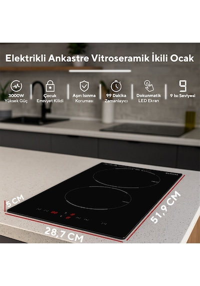 Kumtel HV3-02 Elektrikli Vitroseramik Cam İkili Ankastre Ocak