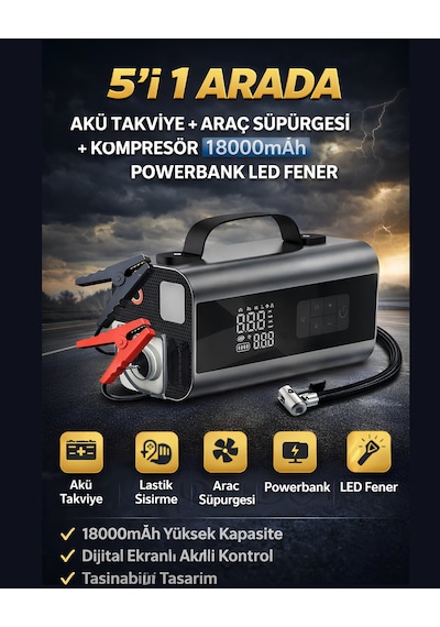 Castu Cs69 Jump Starter Süpürgeli Akü Takviye Cihazı 5 İn 1 18000mah Kompresörlü Powerbank