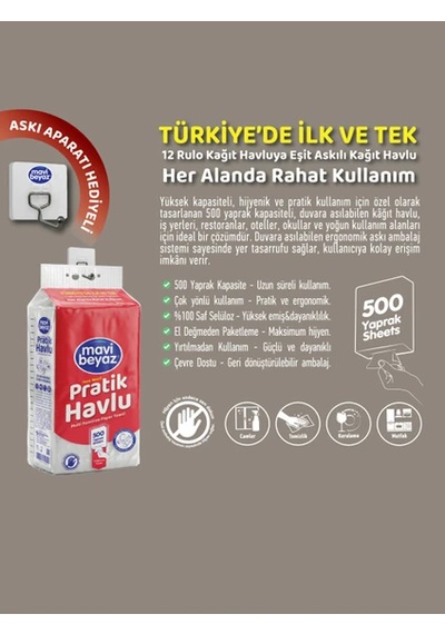 Mavi Beyaz Pratik Havlu 4 Adet 500 Yapraklı - Yeni Nesil Çok Amaçlı Kağıt Havlu Asma Aparatı Hediyeli