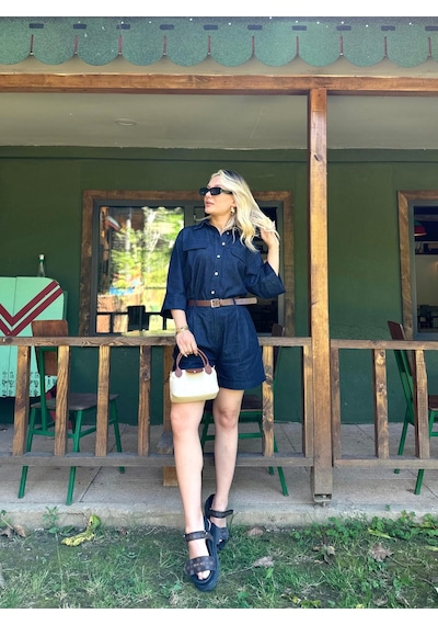 Keymoda Kadın Denim Gömlek Şort Takım Lacivert Lacivert