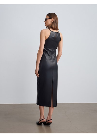 Dilvin 90935 Suni Deri Midi Elbise-siyah Siyah